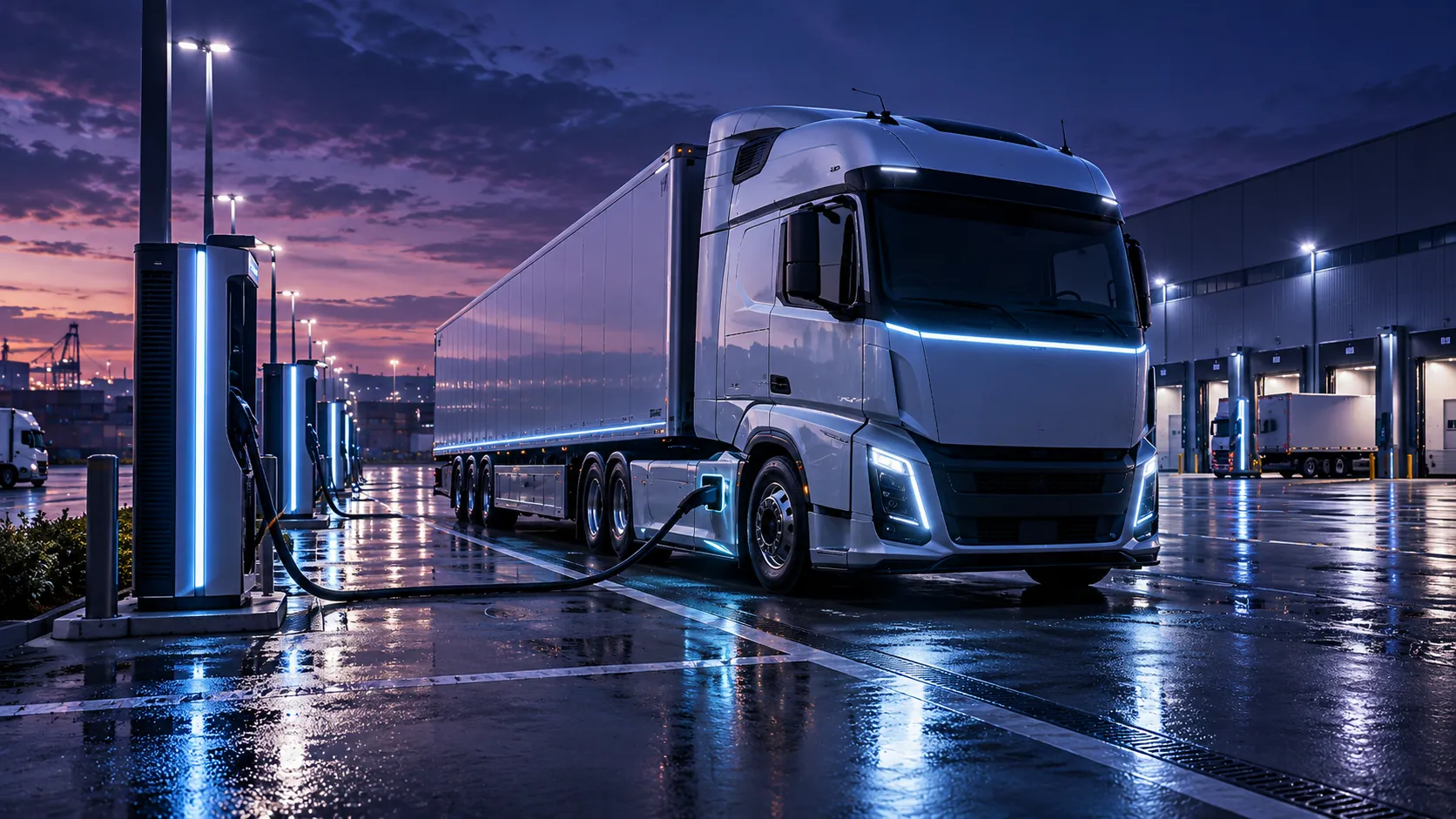 Electric tractor-trailer connected to a charging station at a depot at dusk