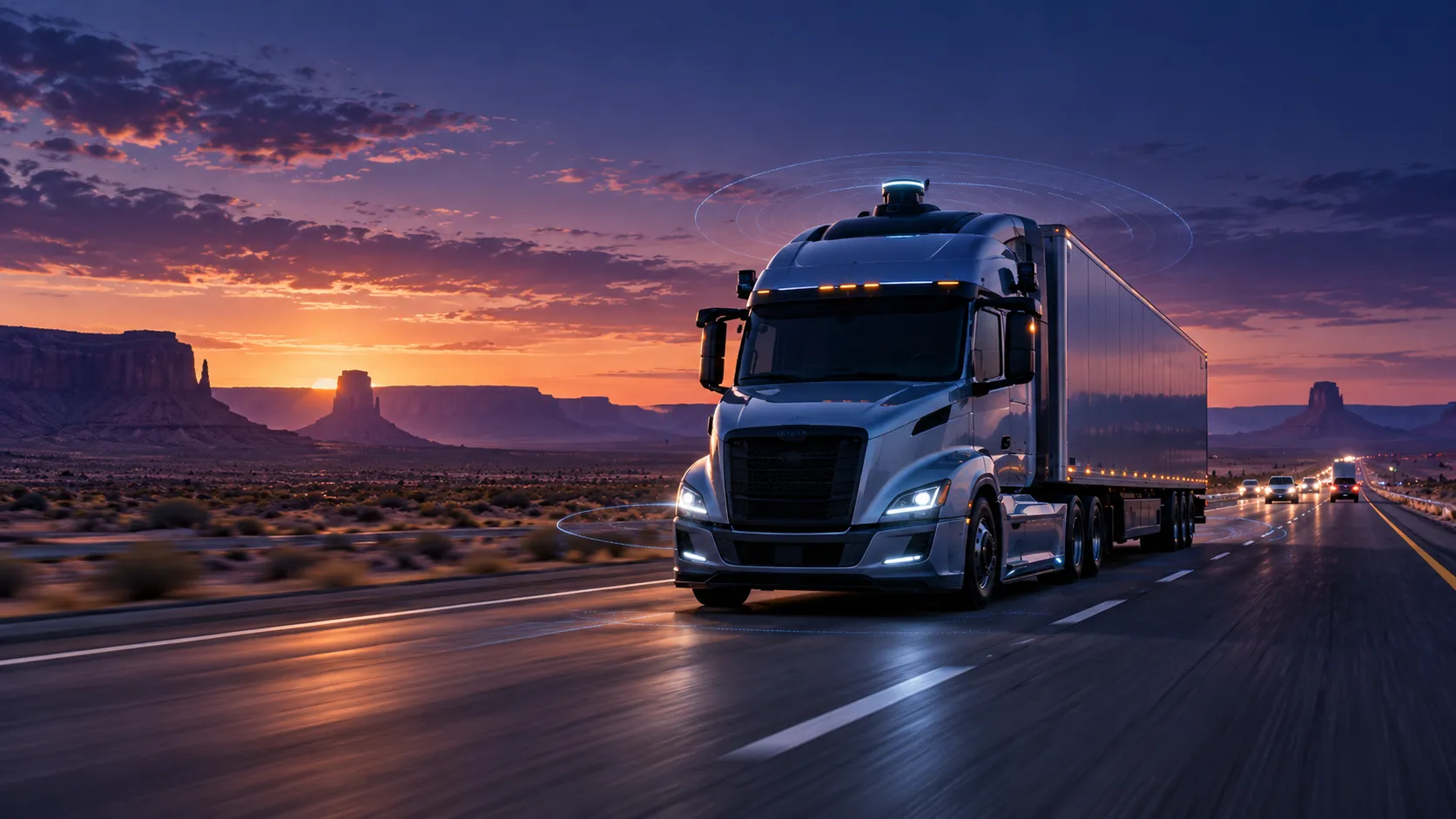 Autonomous tractor-trailer with roof-mounted sensors driving on a desert highway at sunset