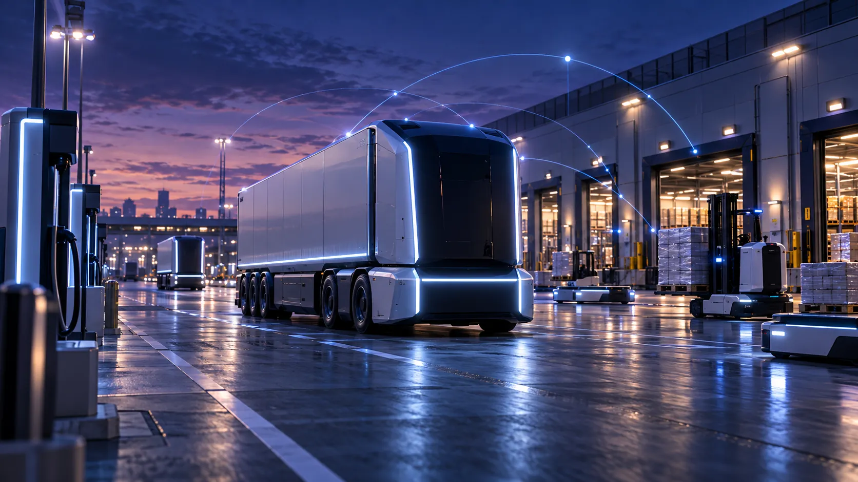 Cab-less autonomous truck, charging stations and automated warehouse vehicles linked by connectivity arcs